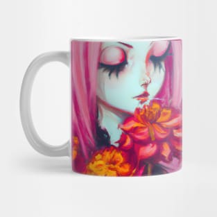 Pink Haired Girl with Dahlia Flowers Mug